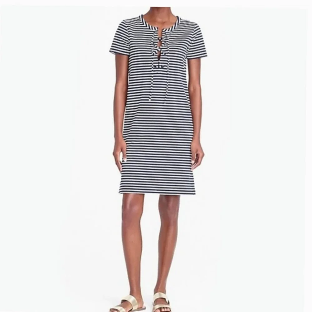 J. Crew Size XXS Stripe Lace Up Shift Knit Dress Blue White - Picture 1 of 7